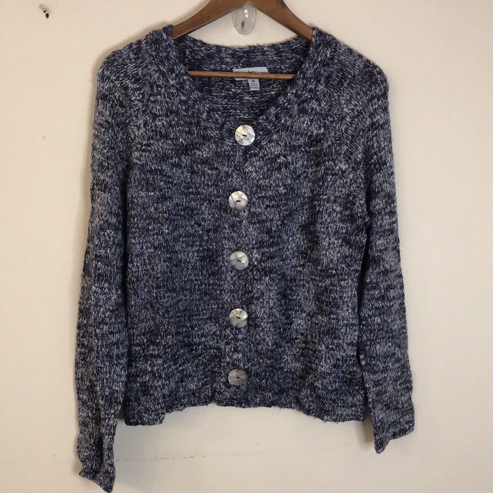 WindRiver boho Blue White Knit Sweater V neck pearlescent she’ll buttons SZ Med